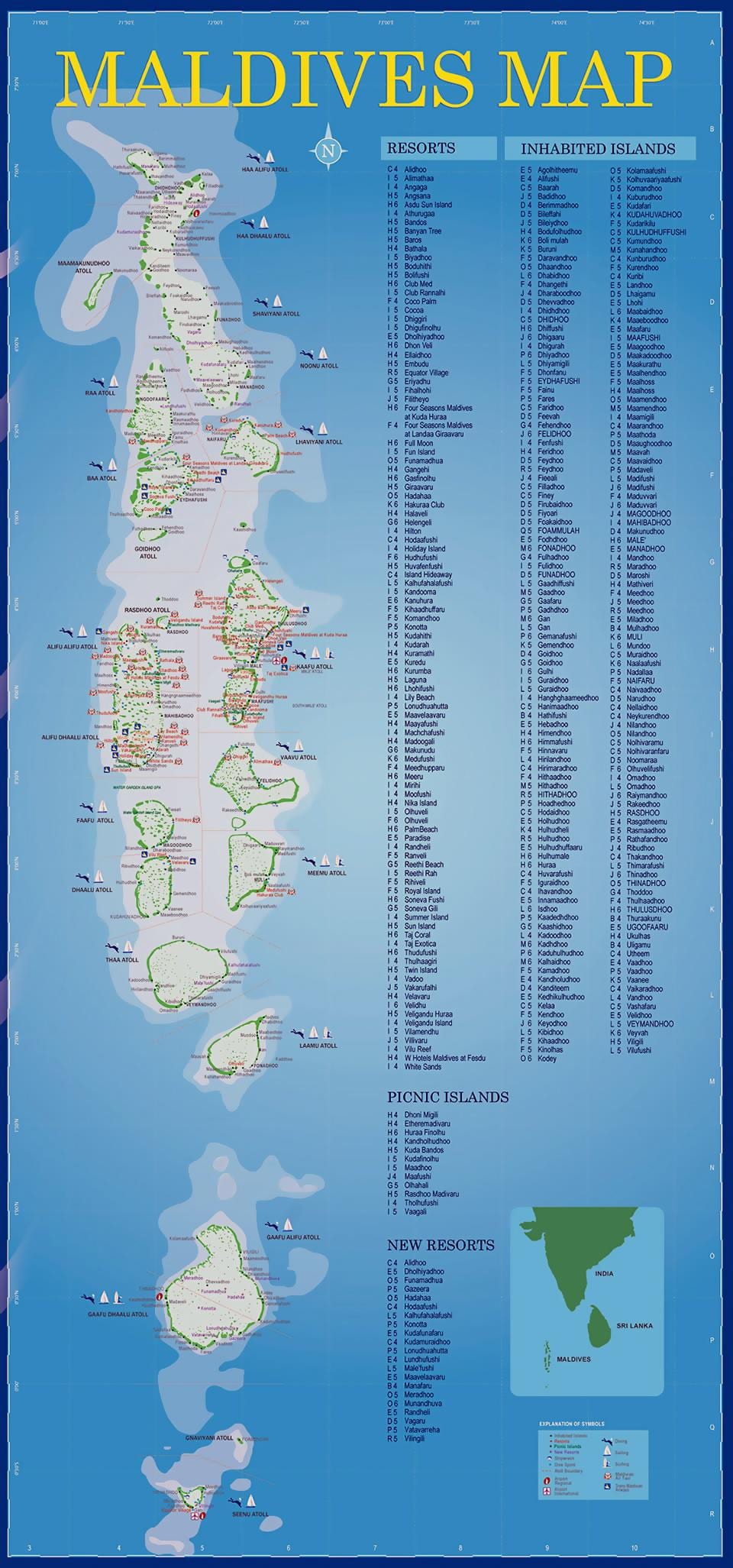 แผนที่ของมัลดีฟส์หมู่เกาะ resorts